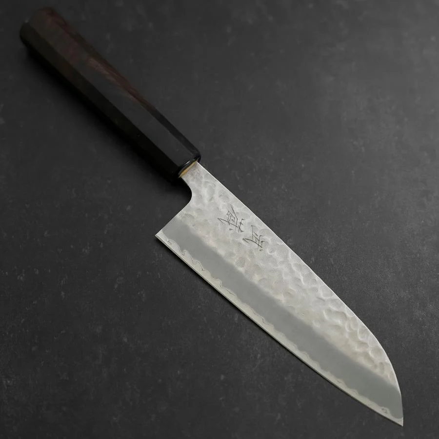 Santoku Edelstahlummantelung Blue Super Tsuchime Büffelhorn und Ebenholz Griff 165mm