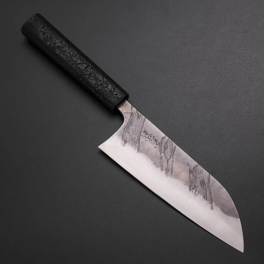 Santoku Silver Steel #3 Nashiji Damast Schwarzer Ishime Urushi Griff 165mm