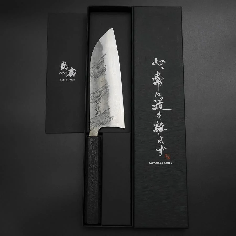 Santoku Silver Steel #3 Nashiji Damast Schwarzer Ishime Urushi Griff 165mm - Image 8