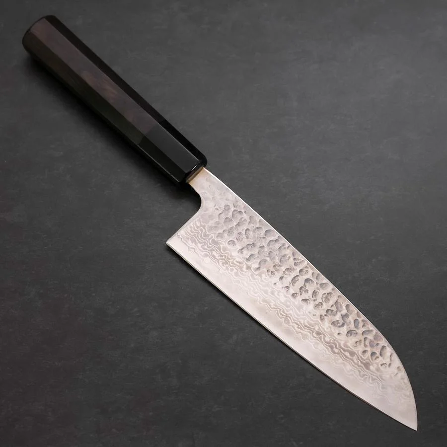 Santoku Silver Steel #3 Tsuchime Damast Büffelhorn und Ebenholz Griff 170mm
