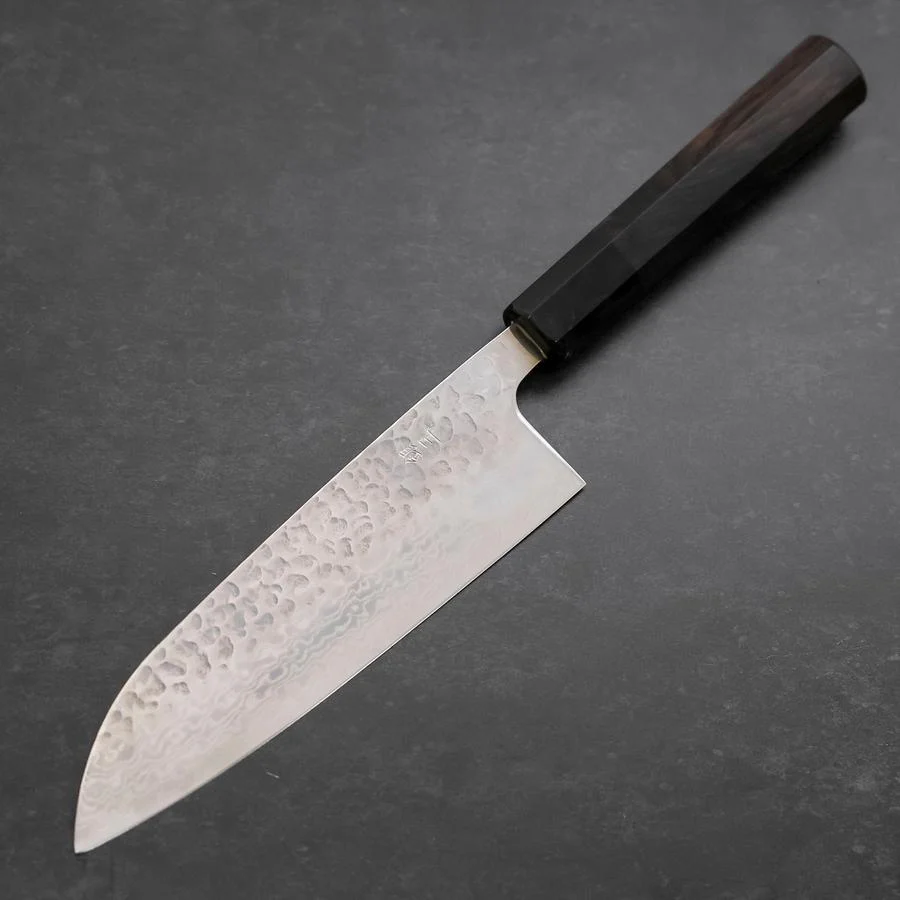 Santoku Silver Steel #3 Tsuchime Damast Büffelhorn und Ebenholz Griff 170mm - Image 2
