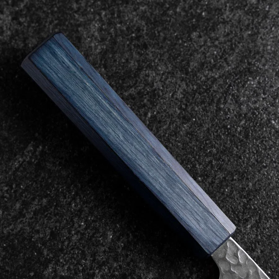 Santoku Silver Steel #3 Tsuchime Damast Dunkelblauer Urushi Griff 170mm - Image 6