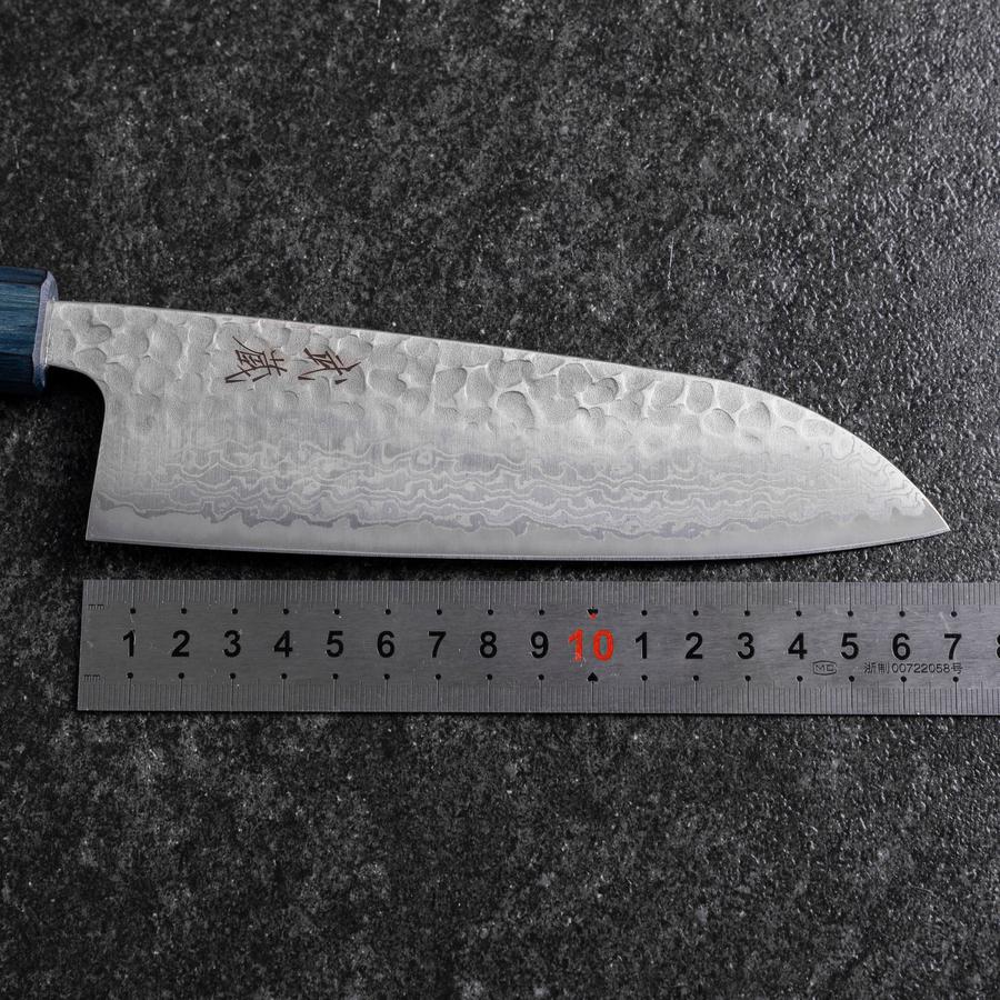 Santoku Silver Steel #3 Tsuchime Damast Dunkelblauer Urushi Griff 170mm - Image 7