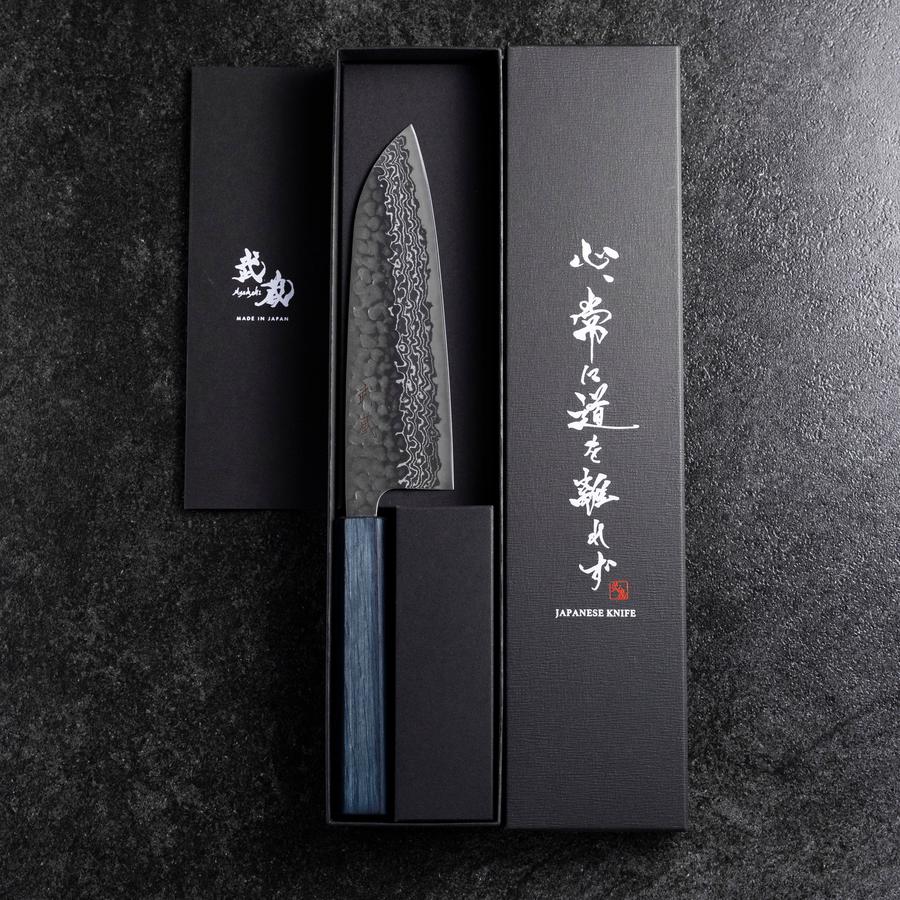 Santoku Silver Steel #3 Tsuchime Damast Dunkelblauer Urushi Griff 170mm - Image 8