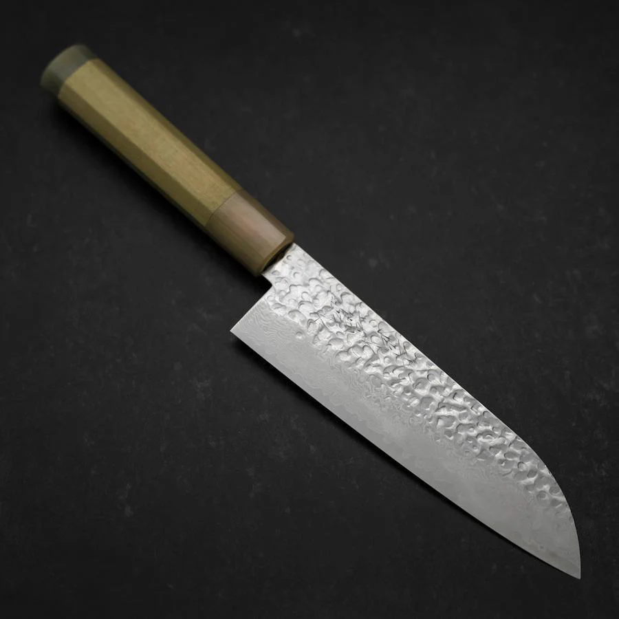 Santoku Silver Steel #3 Tsuchime Damast Büffelhorn und Magnolienholz Griff 170mm