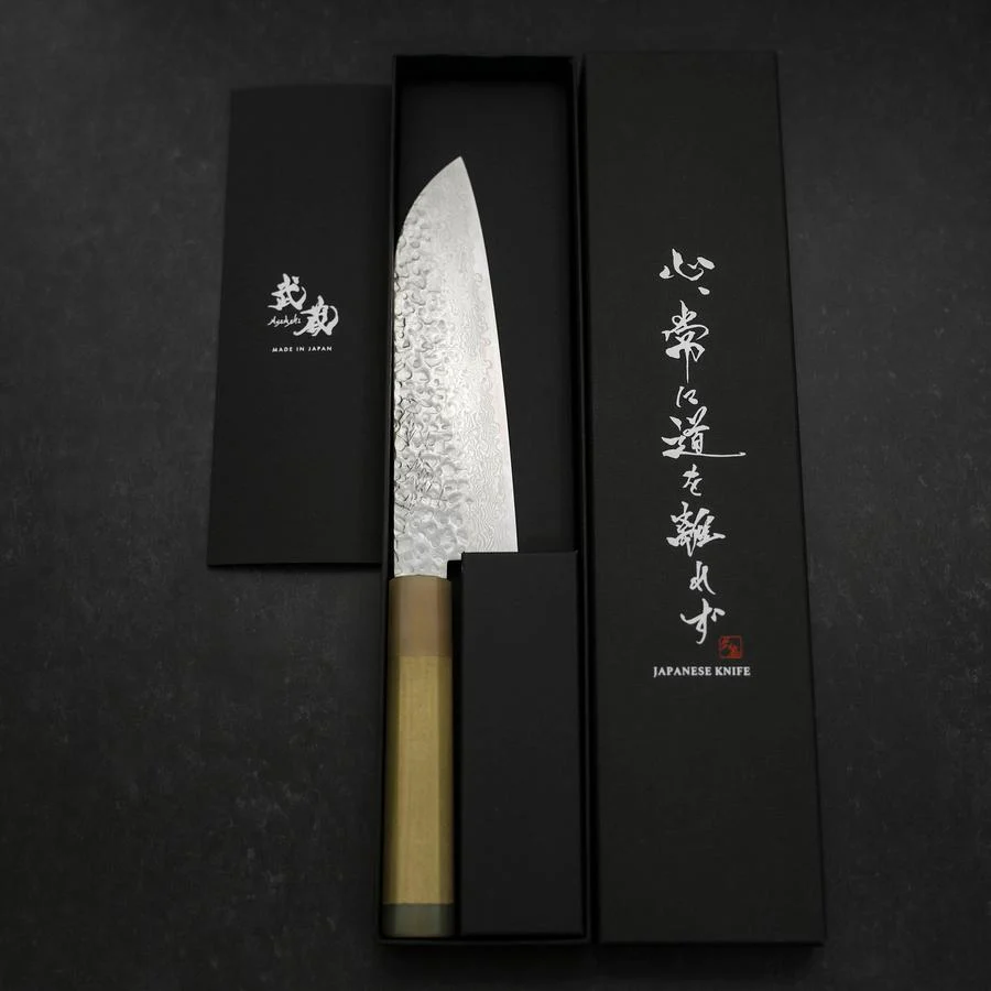 Santoku Silver Steel #3 Tsuchime Damast Büffelhorn und Magnolienholz Griff 170mm - Image 8