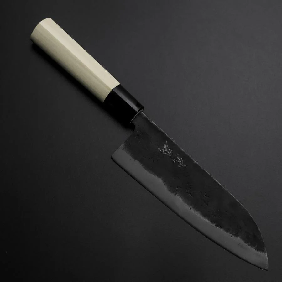 Santoku SK-Stahl Kurouchi Kurigata Magnolienholz Griff 165mm