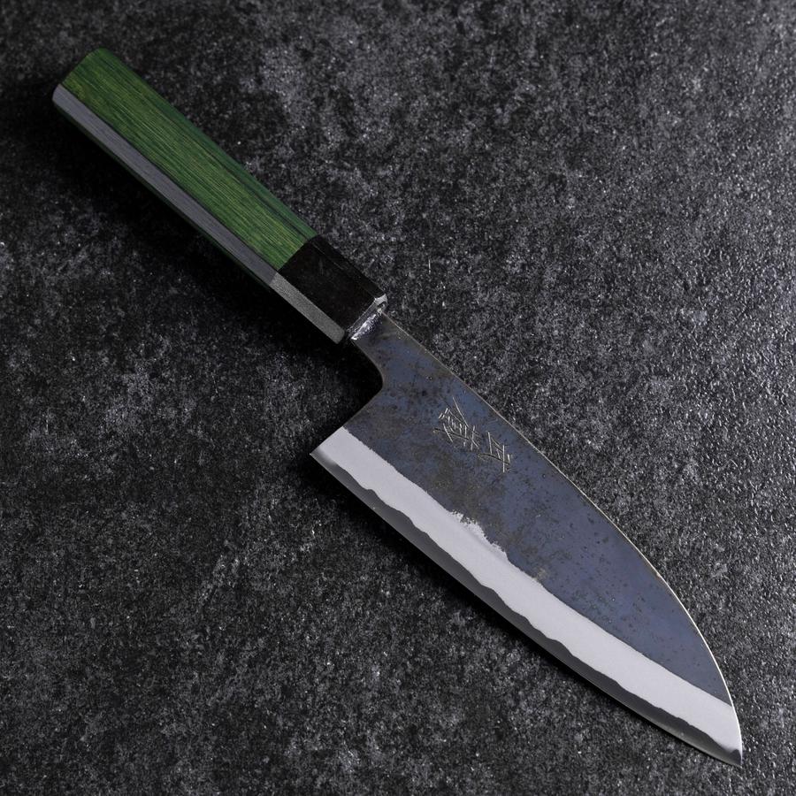 Santoku Edelstahlummantelung Blue Steel #2 Kurouchi Grüner Urushi Griff 165mm