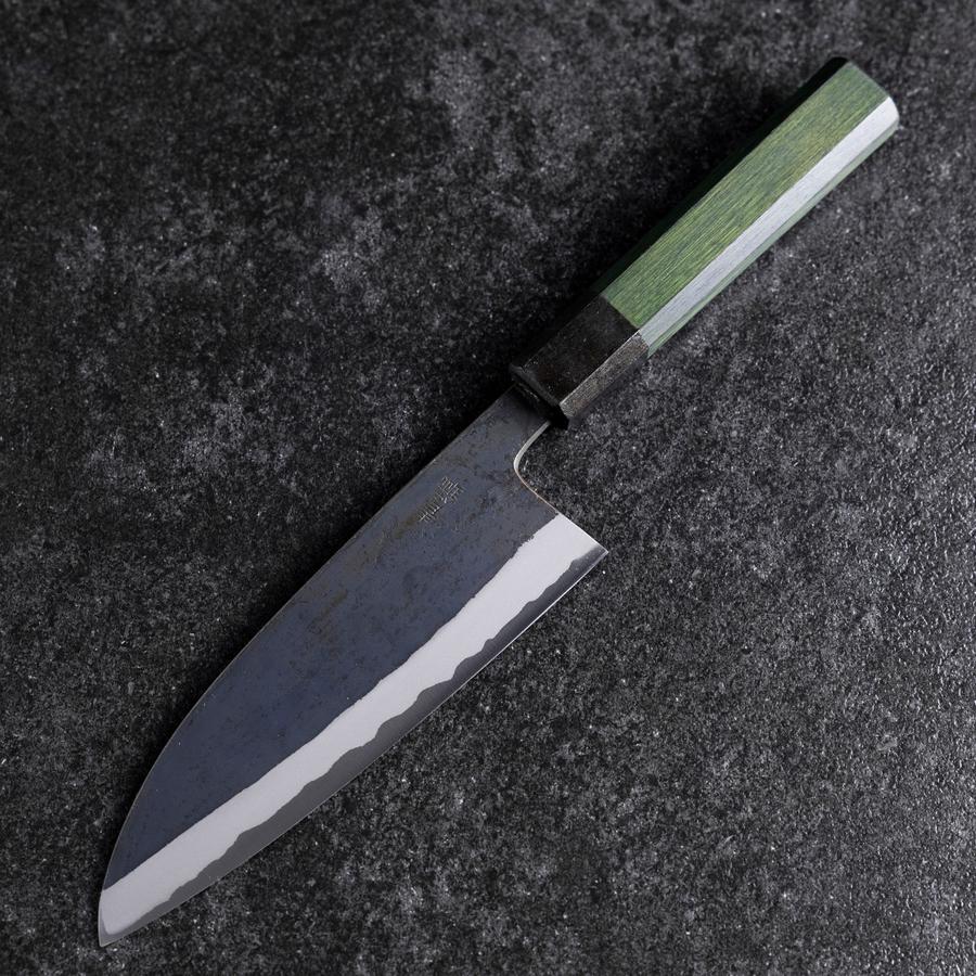 Santoku Edelstahlummantelung Blue Steel #2 Kurouchi Grüner Urushi Griff 165mm - Image 2