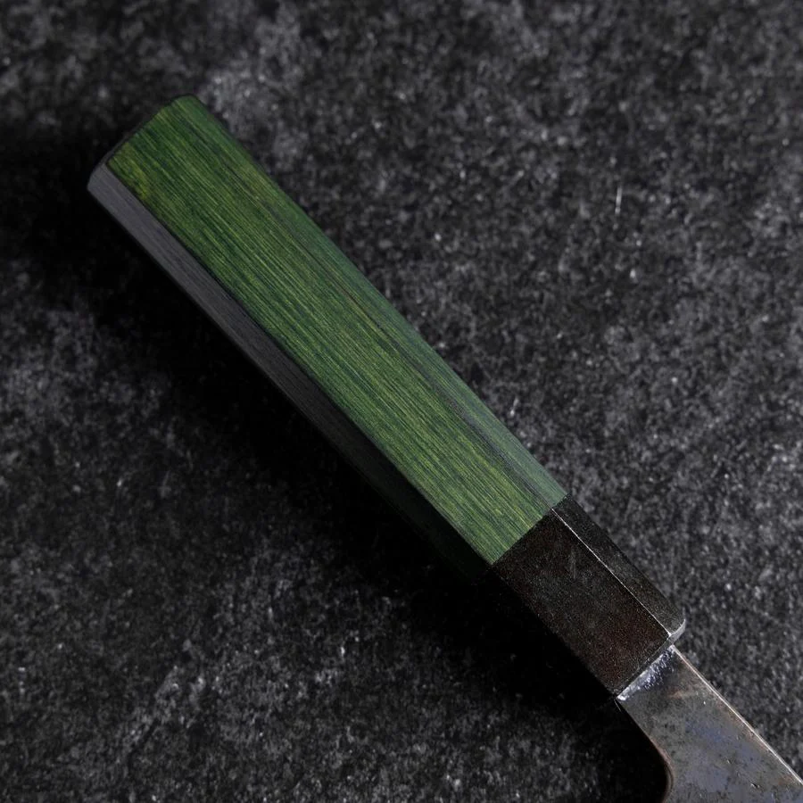 Santoku Edelstahlummantelung Blue Steel #2 Kurouchi Grüner Urushi Griff 165mm - Image 6