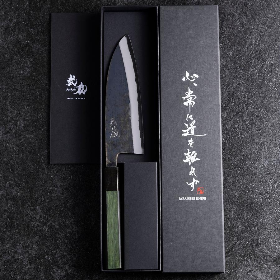 Santoku Edelstahlummantelung Blue Steel #2 Kurouchi Grüner Urushi Griff 165mm - Image 8