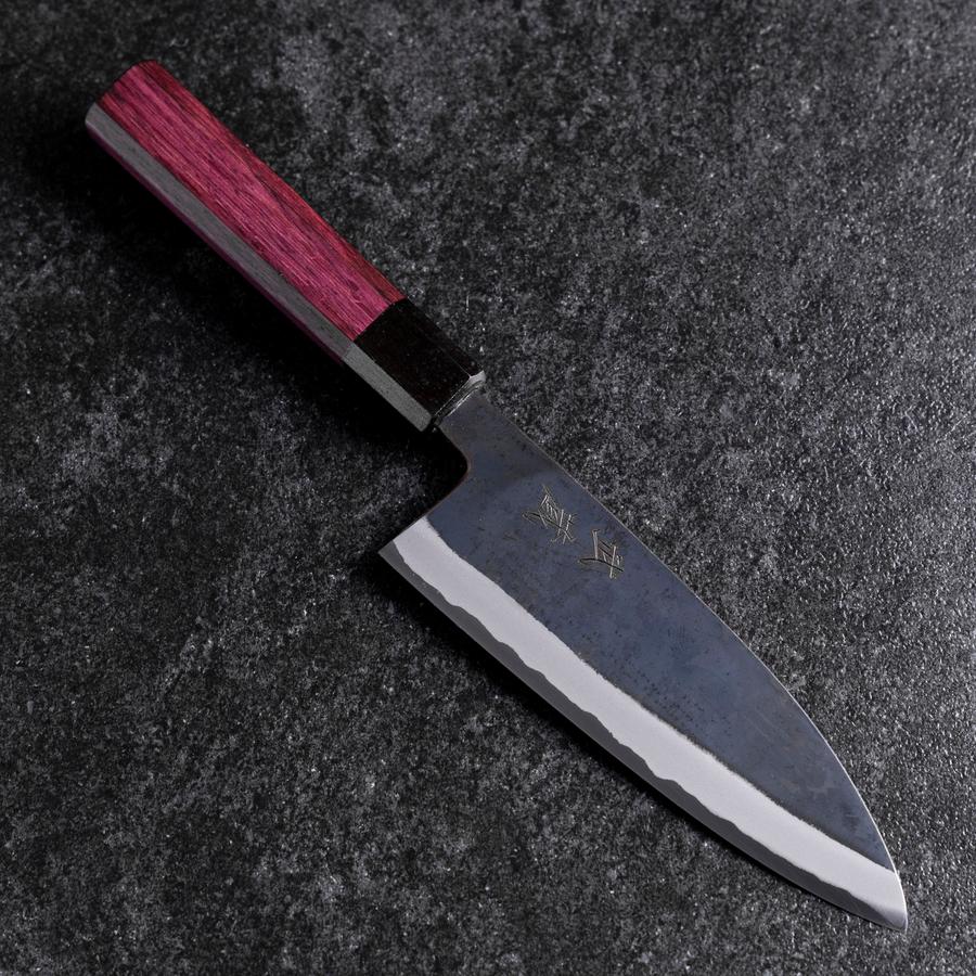 Santoku Edelstahlummantelung Blue Steel #2 Kurouchi Lila Urushi Griff 165mm