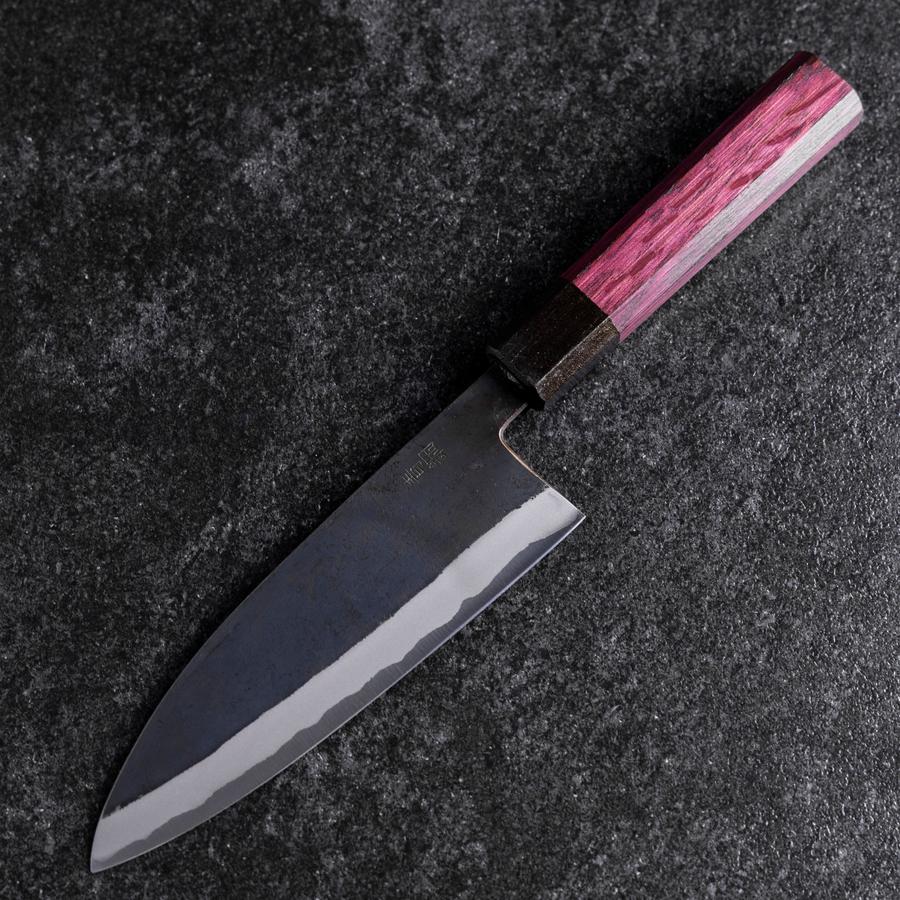 Santoku Edelstahlummantelung Blue Steel #2 Kurouchi Lila Urushi Griff 165mm - Image 2