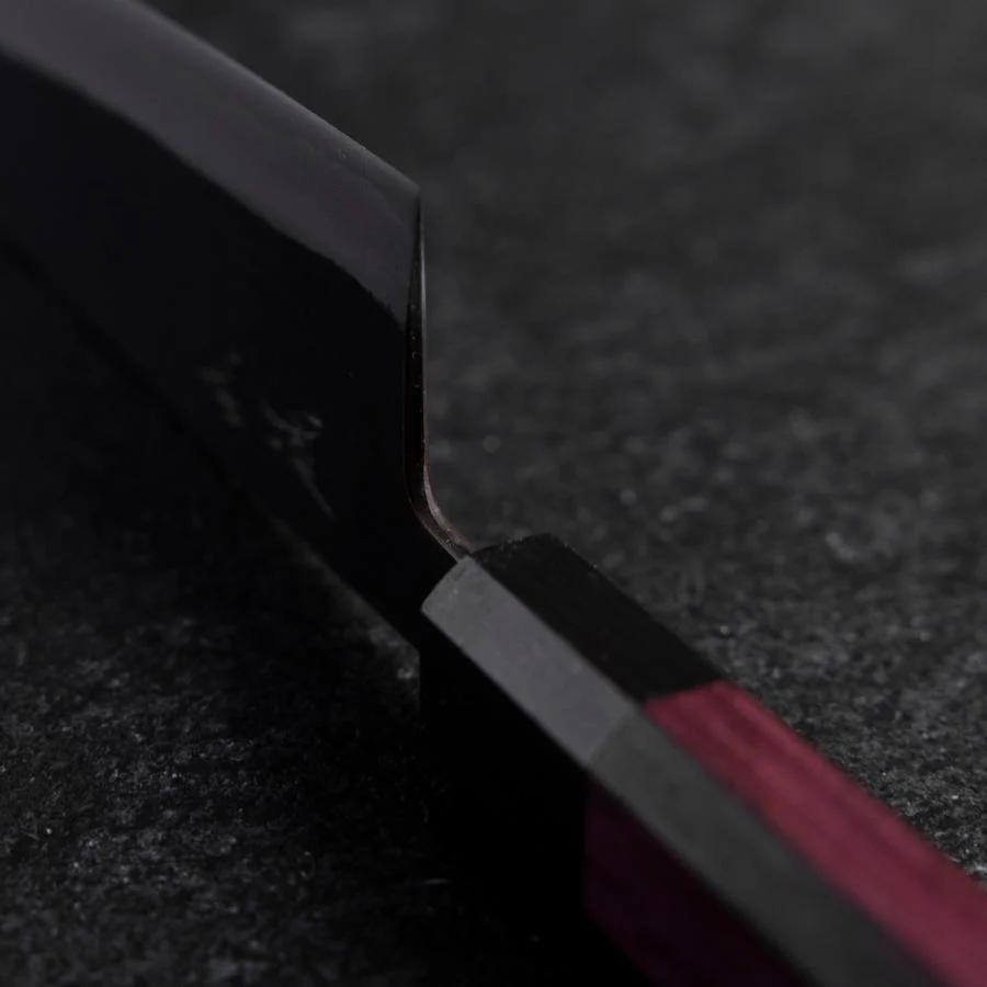 Santoku Edelstahlummantelung Blue Steel #2 Kurouchi Lila Urushi Griff 165mm - Image 4