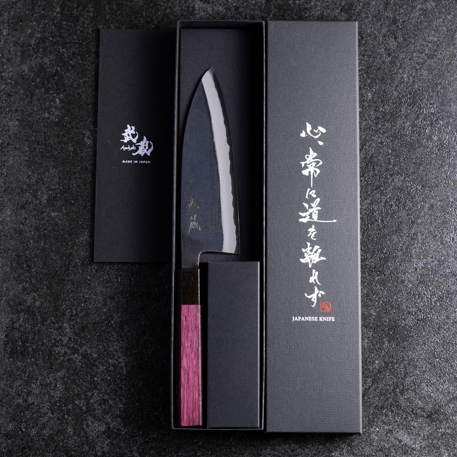Santoku Edelstahlummantelung Blue Steel #2 Kurouchi Lila Urushi Griff 165mm - Image 8