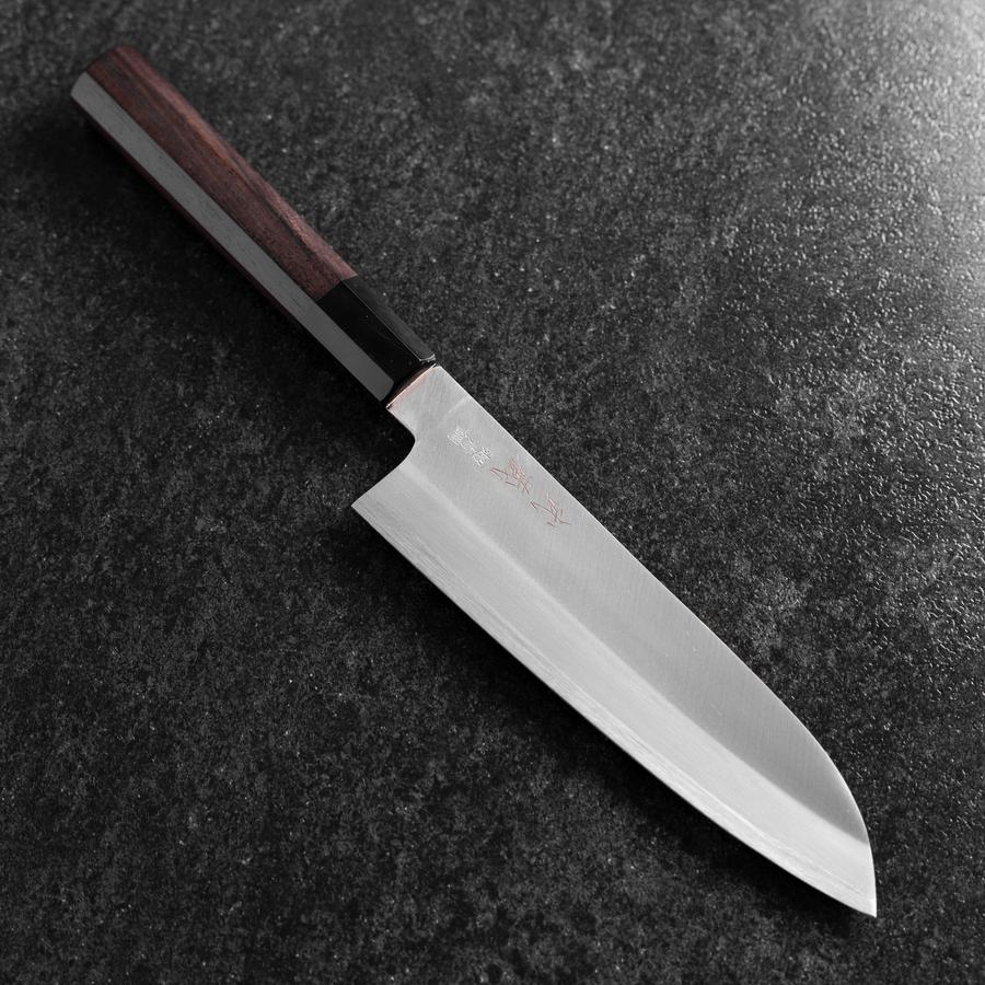 Santoku Edelstahlummantelung Blue Super Poliert Büffelhorn und Ebenholz Griff 180mm