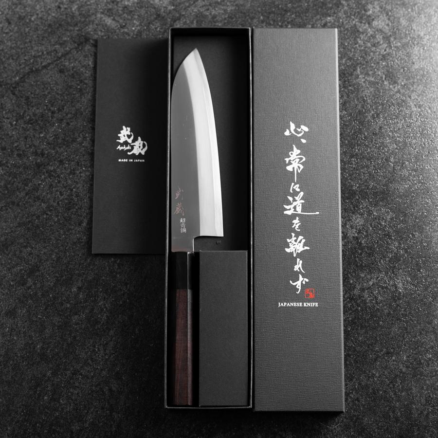 Santoku Edelstahlummantelung Blue Super Poliert Büffelhorn und Ebenholz Griff 180mm - Image 8