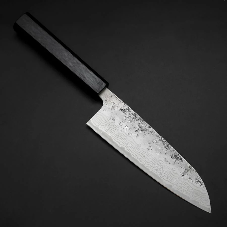 Santoku Schwedenstahl Nashiji Washi Damast Dunkelblauer Urushi Griff 165mm