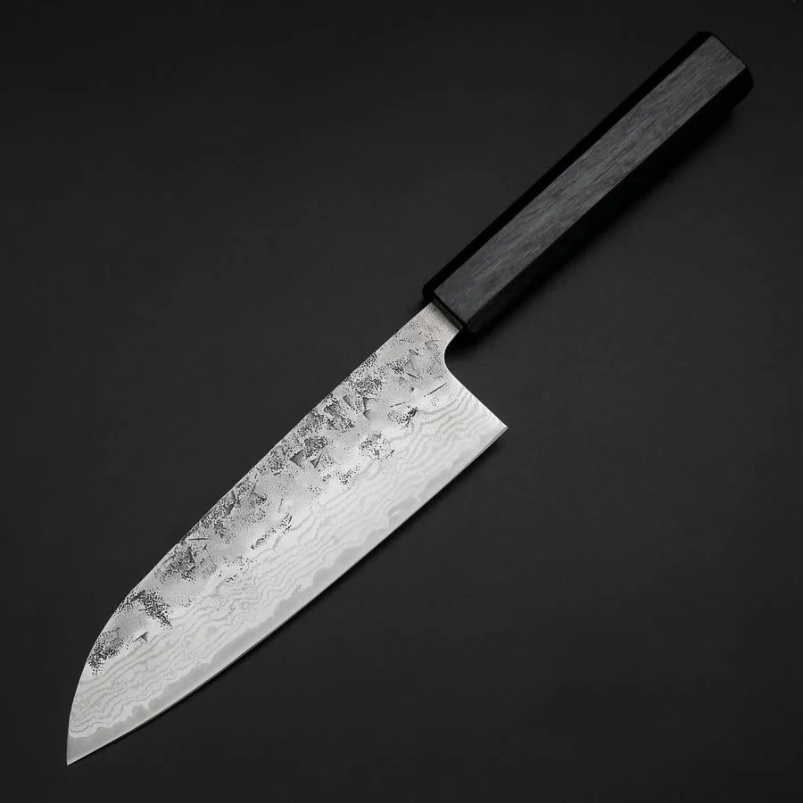 Santoku Schwedenstahl Nashiji Washi Damast Dunkelblauer Urushi Griff 165mm - Image 2