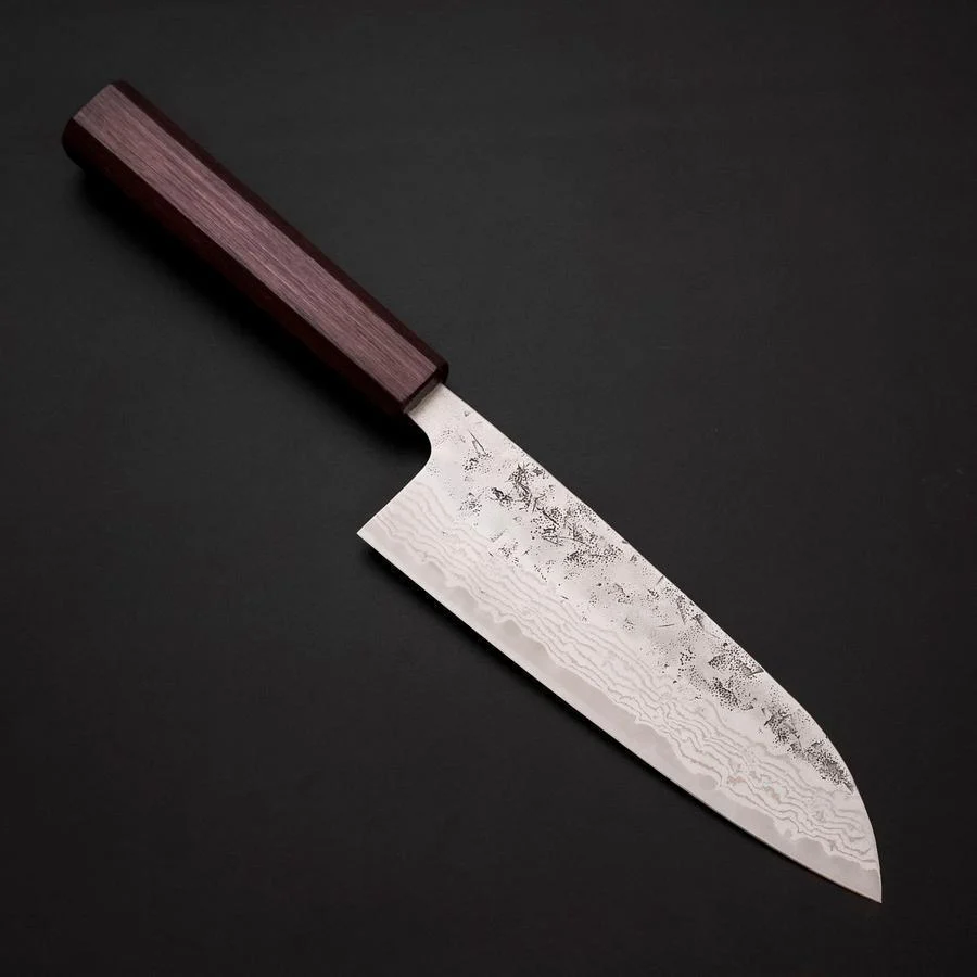 Santoku Schwedenstahl Nashiji Washi Damast Lila Urushi Griff 165mm