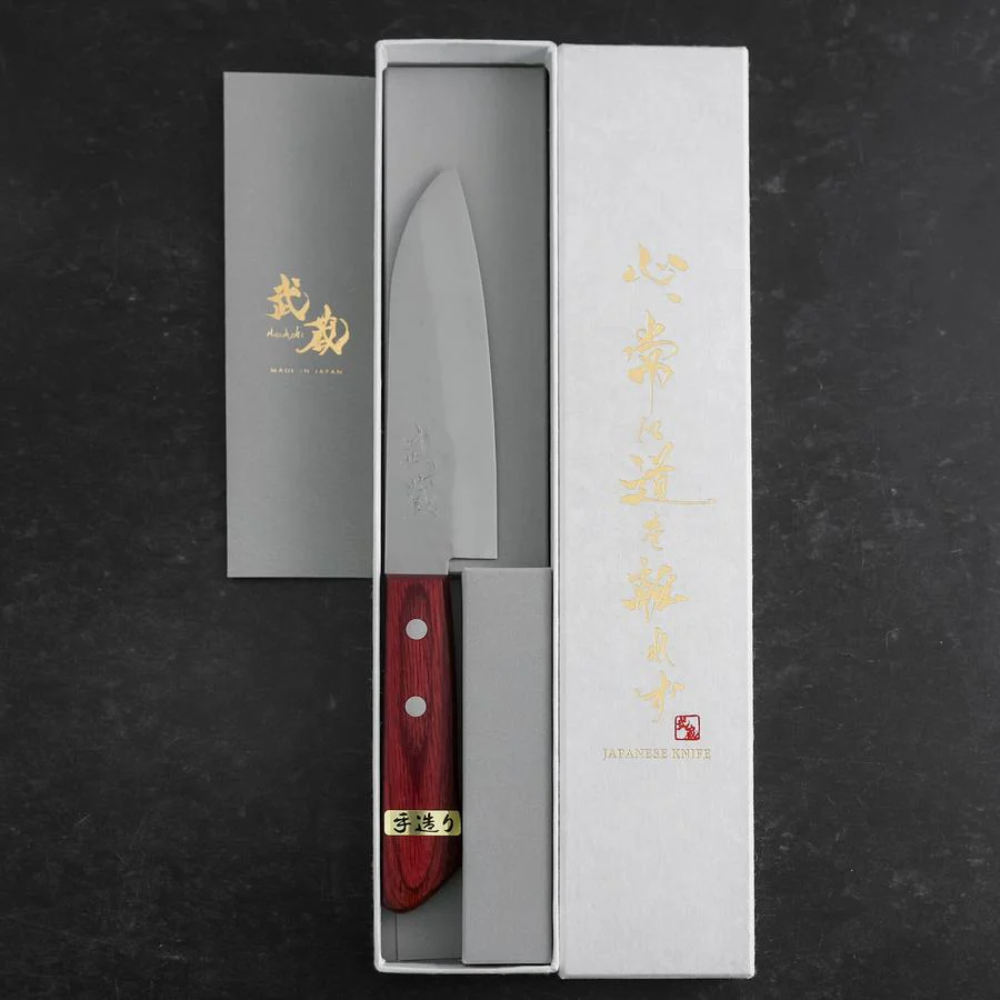 Santoku VG-1 Tsuchime Brauner Westlicher Mahagoni Griff 130mm (Tsuba Nashi) - Image 8