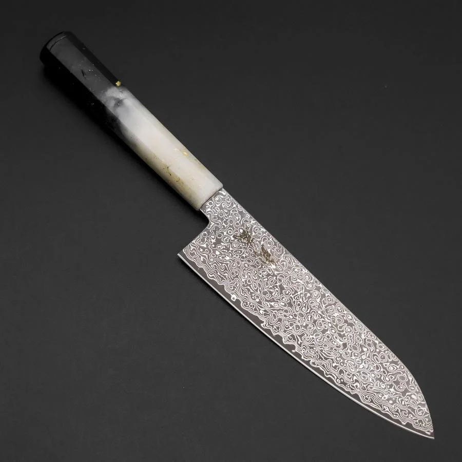 Santoku VG-10 Damast Weiß-Schwarzer Ozeanplastik Griff mit Blattgold 165mm