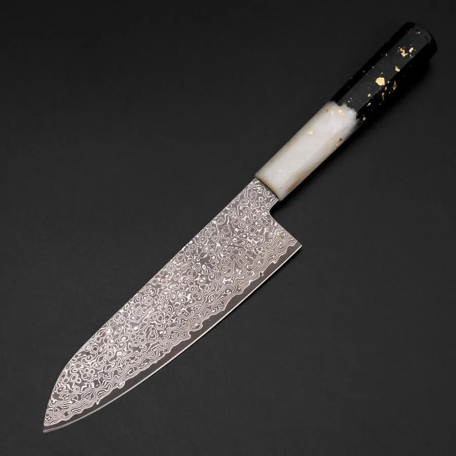 Santoku VG-10 Damast Weiß-Schwarzer Ozeanplastik Griff mit Blattgold 165mm - Image 2