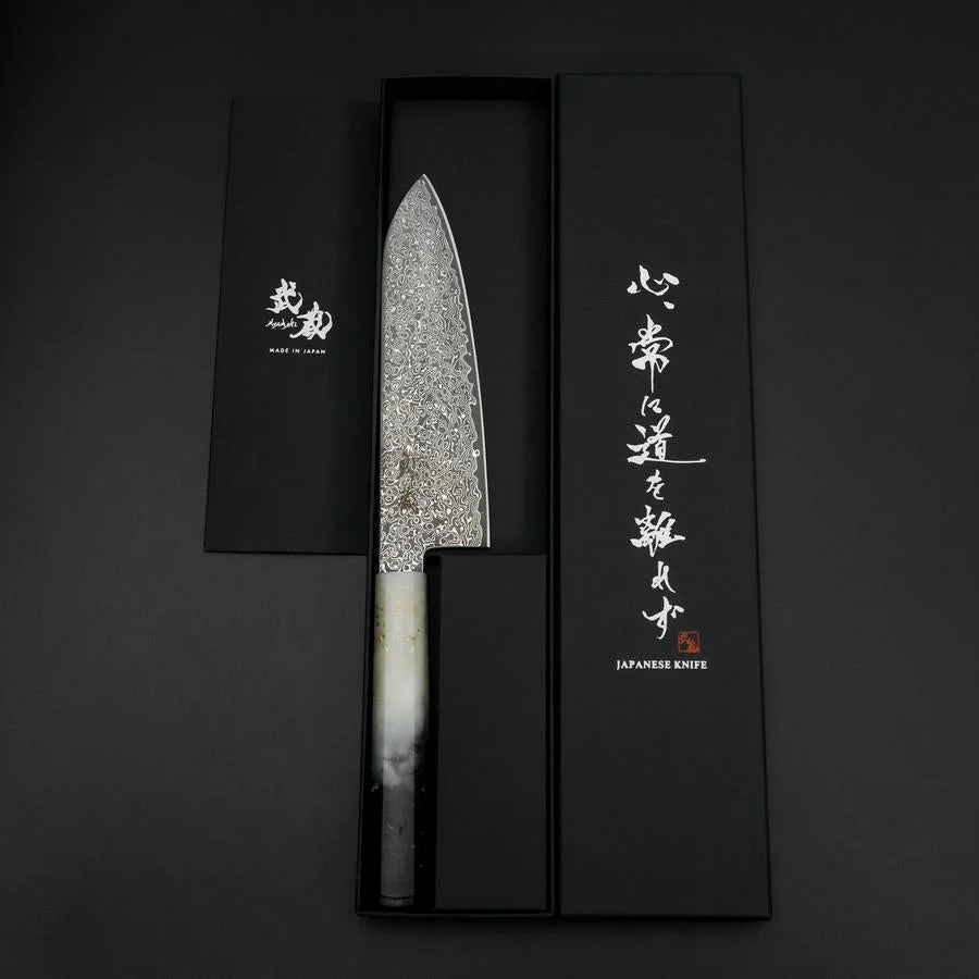 Santoku VG-10 Damast Weiß-Schwarzer Ozeanplastik Griff mit Blattgold 165mm - Image 8