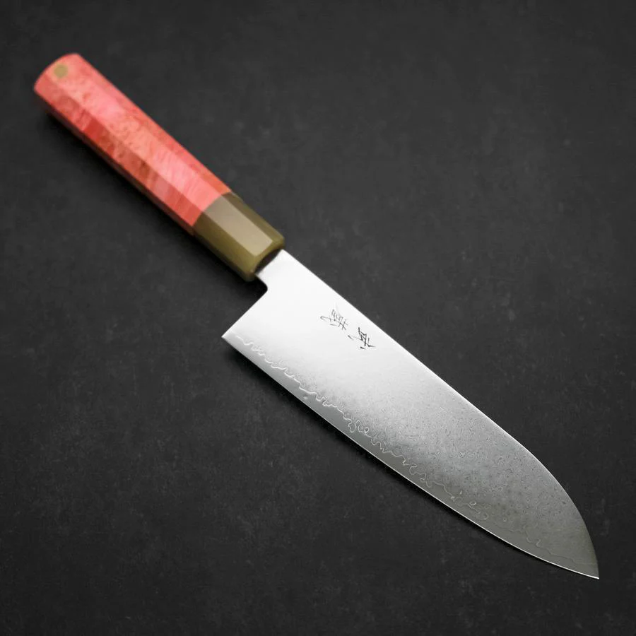 Santoku VG-10 Damast Dunkelrosa Büffelhorn und Ahornholz Griff 180mm