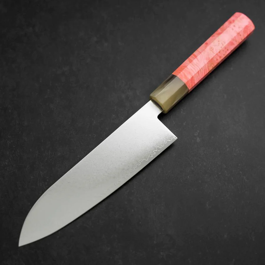 Santoku VG-10 Damast Dunkelrosa Büffelhorn und Ahornholz Griff 180mm - Image 2