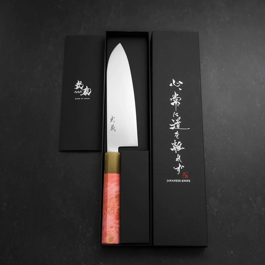 Santoku VG-10 Damast Dunkelrosa Büffelhorn und Ahornholz Griff 180mm - Image 8