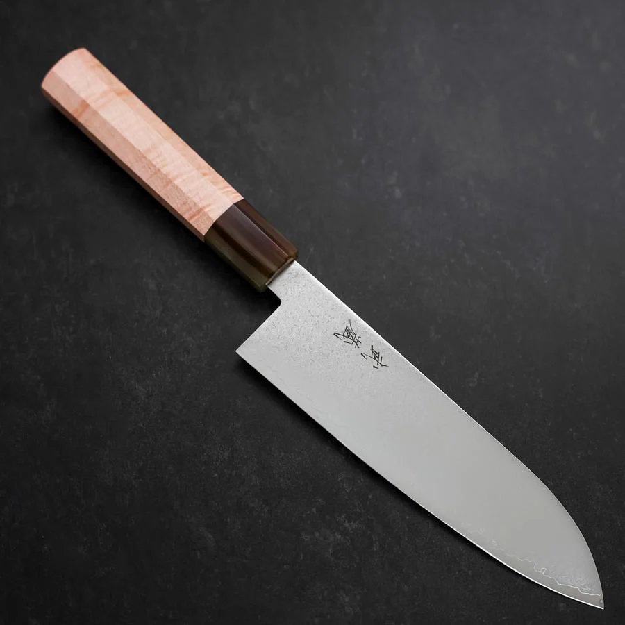 Santoku VG-10 Damast Hellrosa Büffelhorn und Ahornholz Griff 180mm