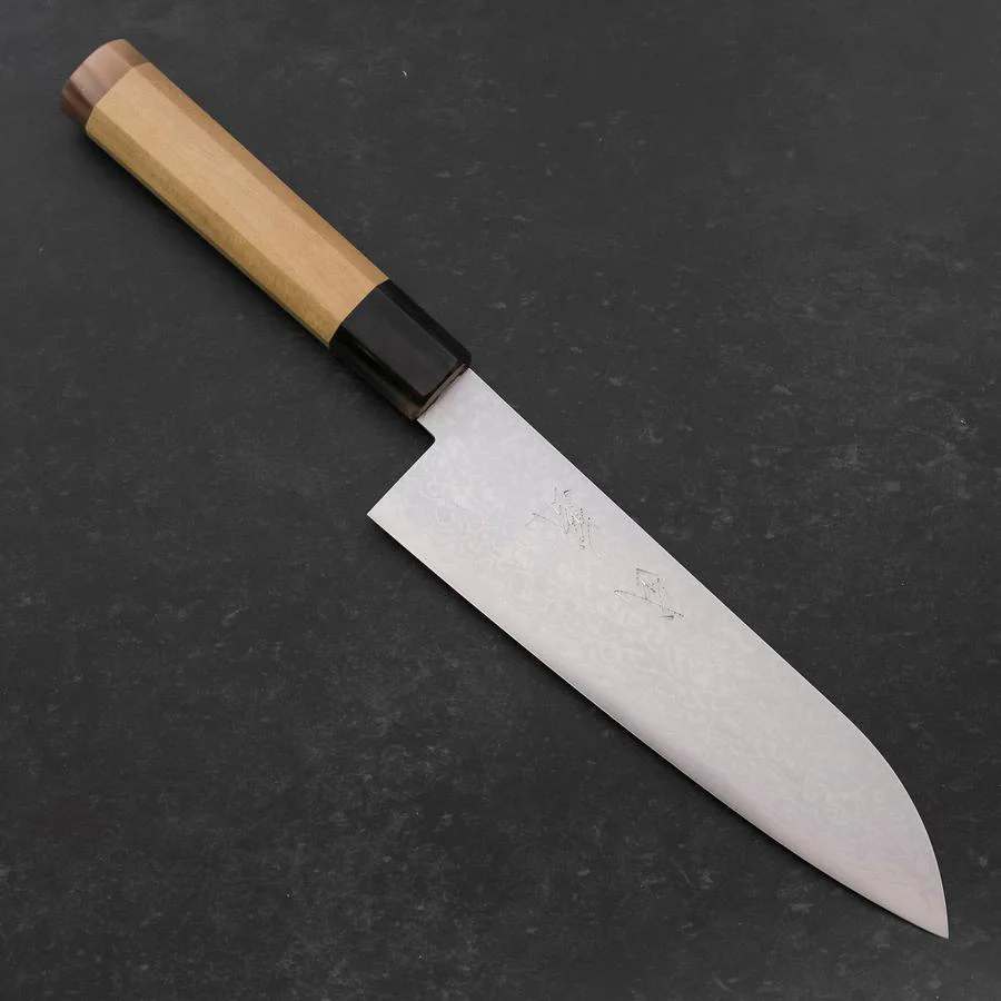 Santoku VG-10 Damast doppelte Büffelhorn-Kappe und Magnolienholz Griff 180mm