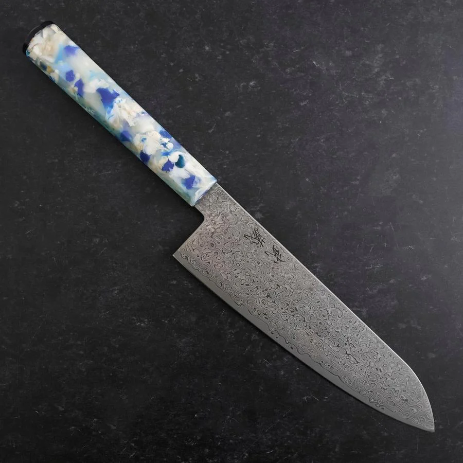 Santoku VG-10 Damast Blau-Weißer-Mix Ozeanplastik Griff 165mm