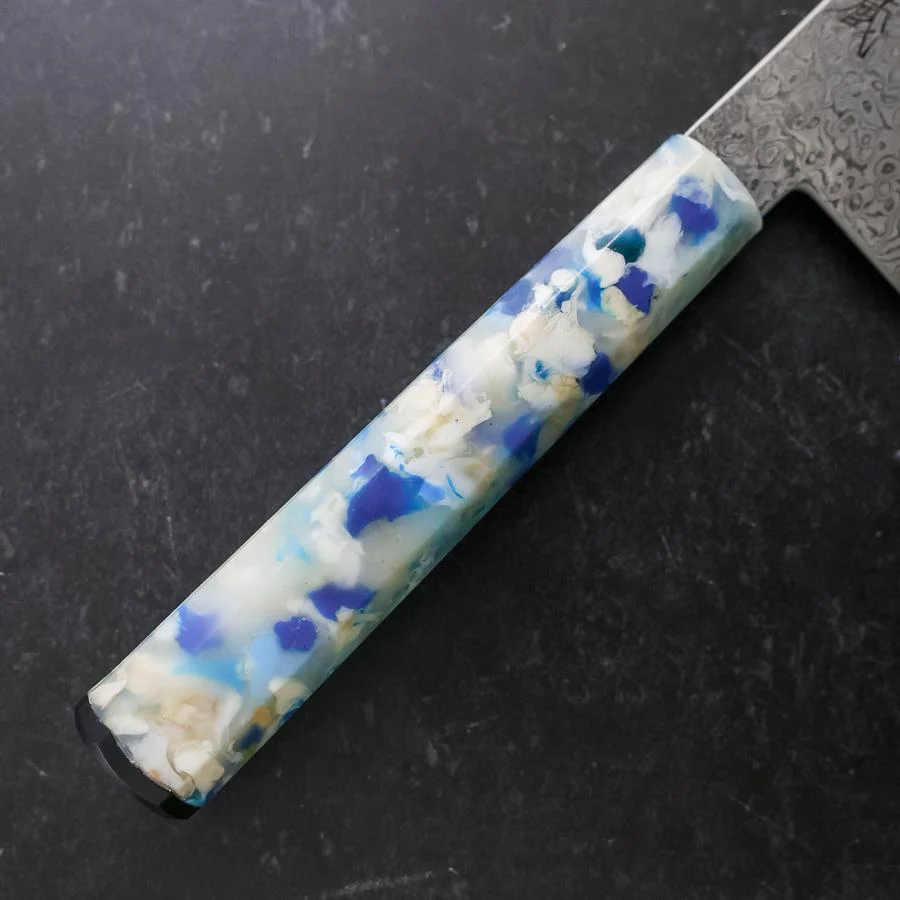 Santoku VG-10 Damast Blau-Weißer-Mix Ozeanplastik Griff 165mm - Image 6