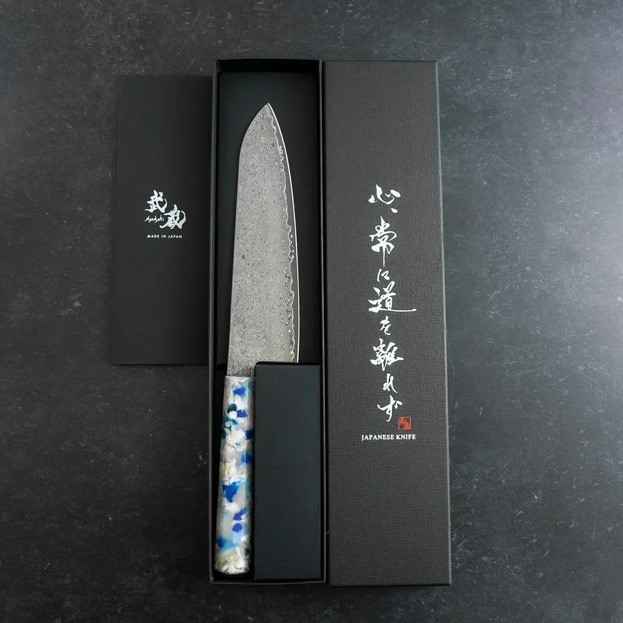 Santoku VG-10 Damast Blau-Weißer-Mix Ozeanplastik Griff 165mm - Image 8
