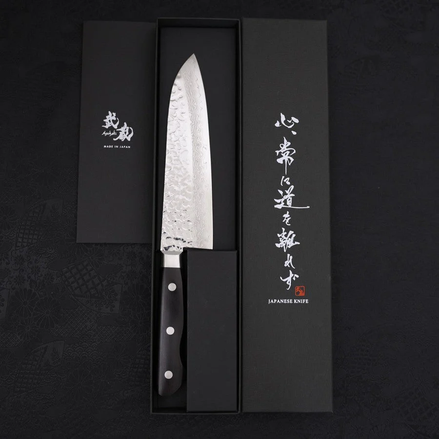 Santoku VG-10 Tsuchime Damast Schwarzer Westlicher Griff 180mm - Image 8