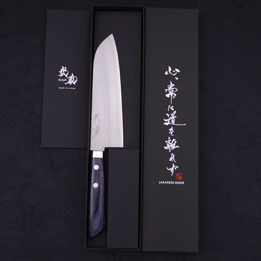 Santoku VG-10 Tsuchime Damast Dunkelblau Westlicher Griff 170mm - Image 8