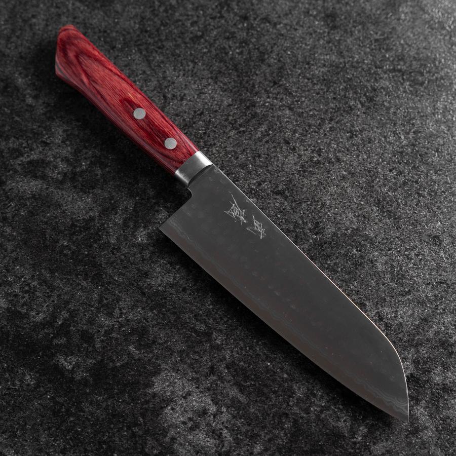 Santoku VG-10 Tsuchime Damast Roter Westlicher Griff 170mm