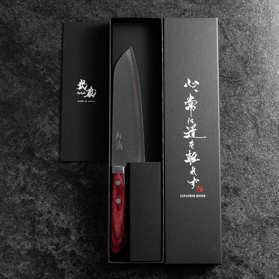Santoku VG-10 Tsuchime Damast Roter Westlicher Griff 170mm - Image 8