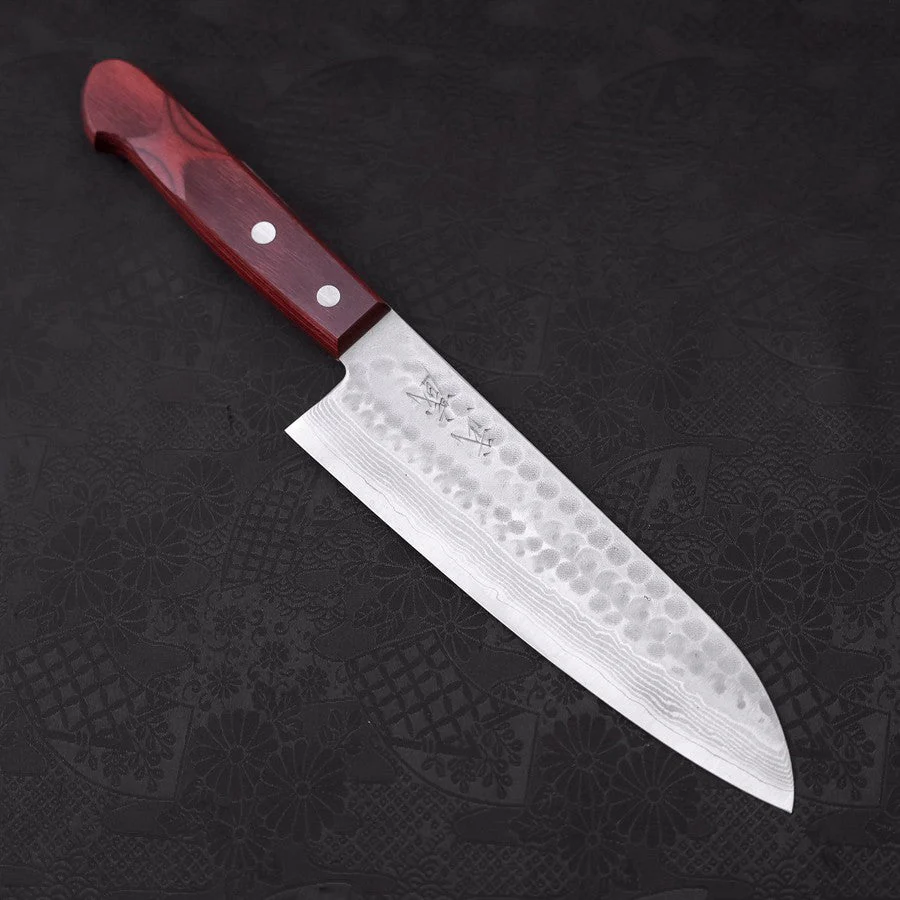 Santoku VG-10 Tsuchime Damast Roter Westlicher Griff 180mm