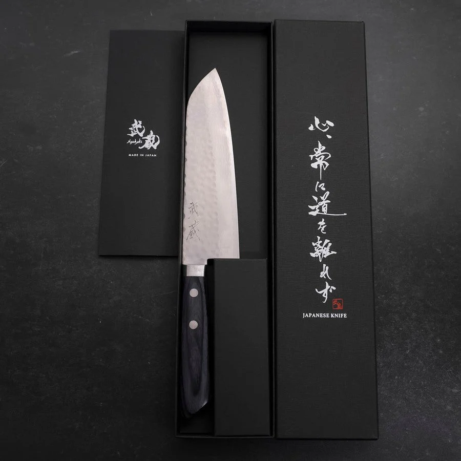 Santoku VG-10 Tsuchime Damast Blauer Westlicher Griff 170mm - Image 8