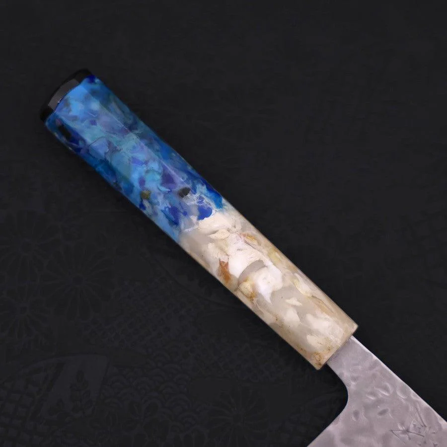 Santoku White Steel #1 Edelstahlummantelung Tsuchime Weiß-Blauer Ozeanplastik Griff 165mm - Image 6