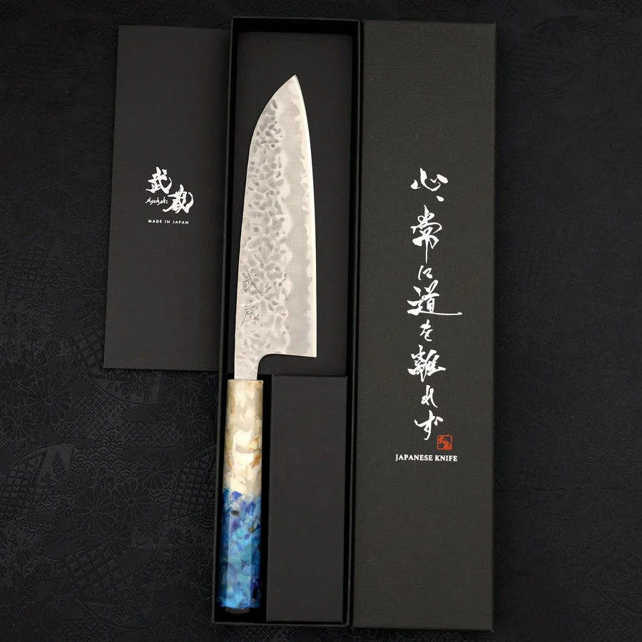 Santoku White Steel #1 Edelstahlummantelung Tsuchime Weiß-Blauer Ozeanplastik Griff 165mm - Image 8