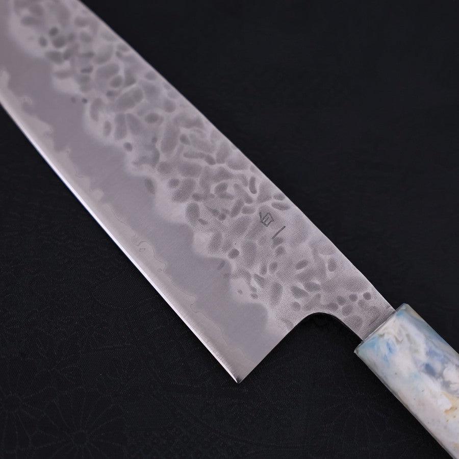 Santoku White Steel #1 Edelstahlummantelung Tsuchime Blau-Weißer-Mix Ozeanplastik Griff 165mm - Image 3