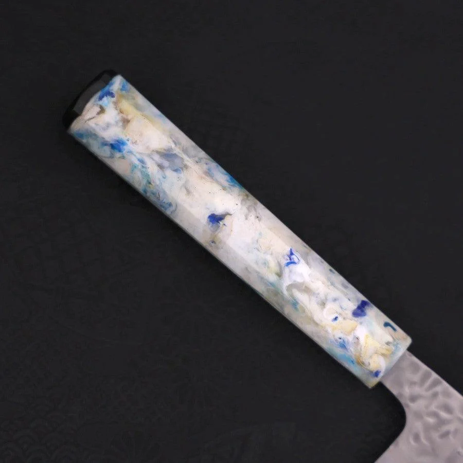 Santoku White Steel #1 Edelstahlummantelung Tsuchime Blau-Weißer-Mix Ozeanplastik Griff 165mm - Image 6
