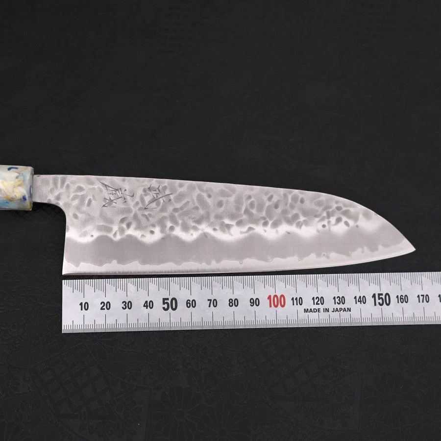 Santoku White Steel #1 Edelstahlummantelung Tsuchime Blau-Weißer-Mix Ozeanplastik Griff 165mm - Image 7