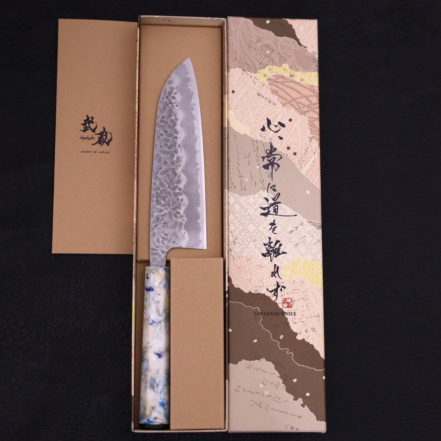 Santoku White Steel #1 Edelstahlummantelung Tsuchime Blau-Weißer-Mix Ozeanplastik Griff 165mm - Image 8