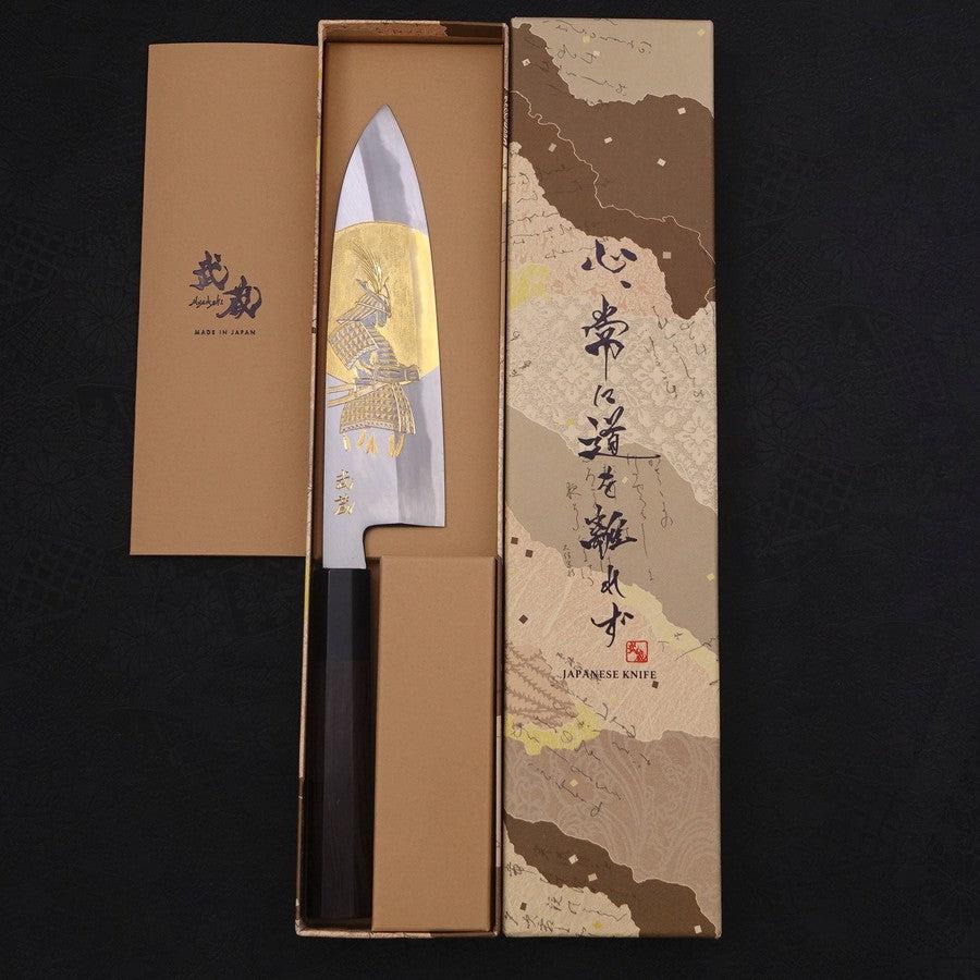 Santoku White Steel #2 Kasumi Chokin "Samurai Im Vollmond" Büffelhorn und Ebenholz Griff 180mm - Image 9