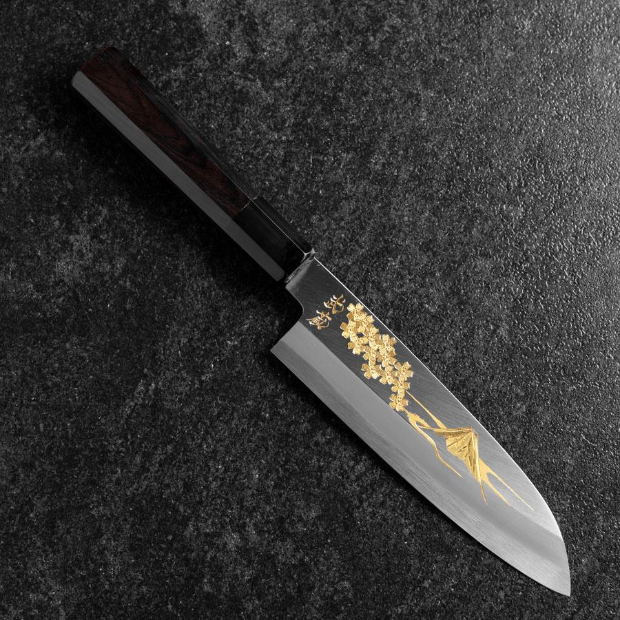Santoku White Steel #2 Kasumi Einfache Fase Chokin Sakura-Fuji Büffelhorn und Ebenholz Griff 155mm